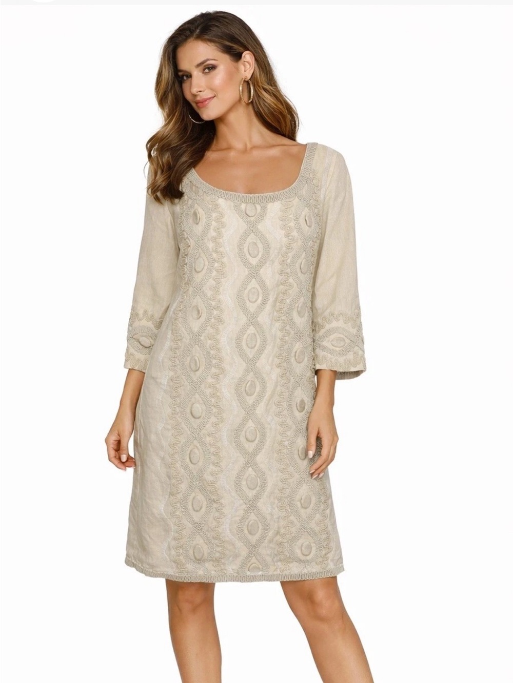 Eci New York 100% Linen Embroidered Beige Sheath Dress‎ Size 4 Embellished Artsy